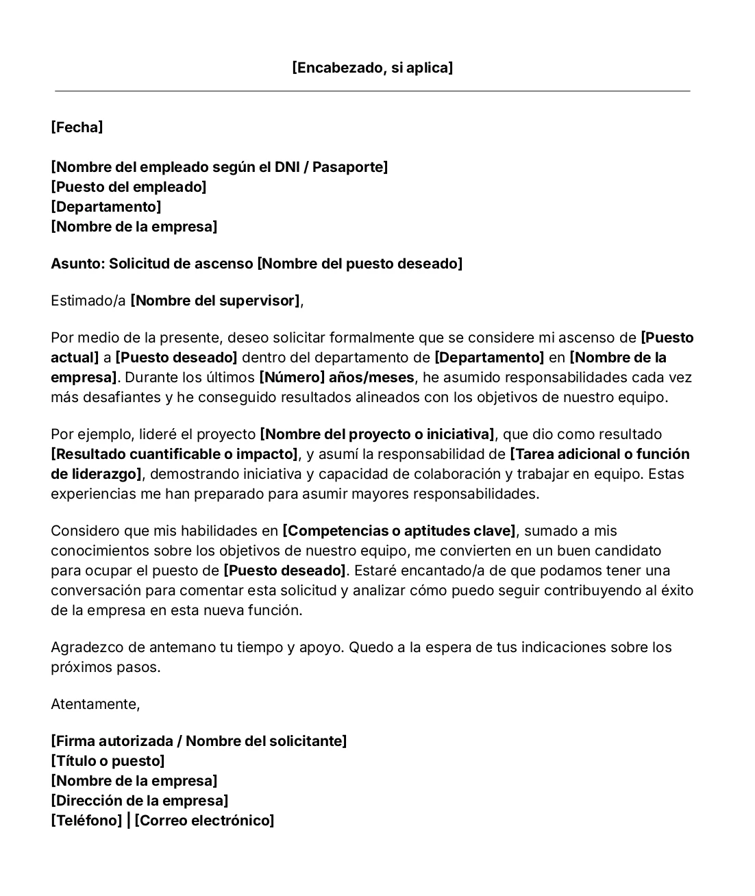 Plantilla de carta de solicitud de ascenso