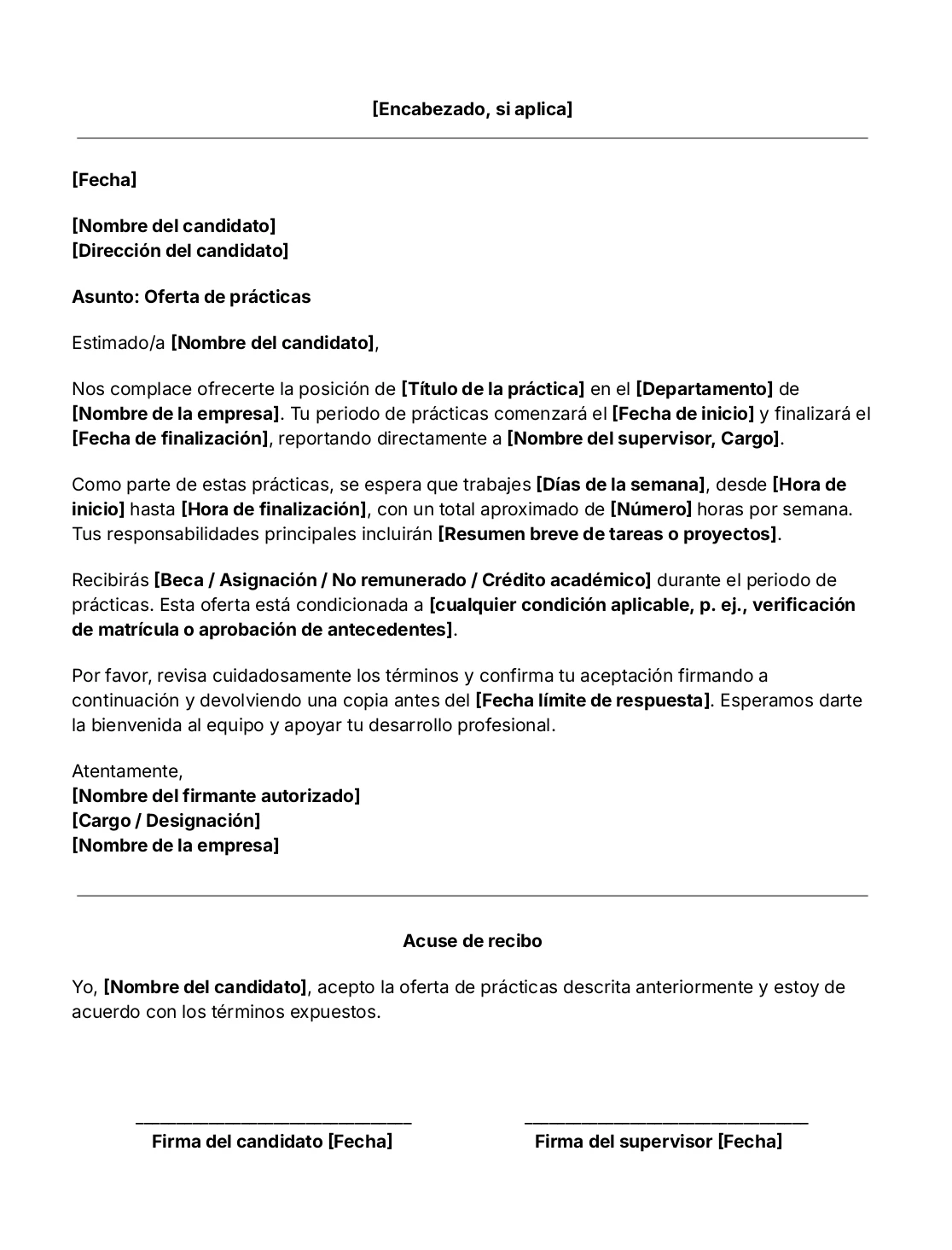 Plantilla de carta de oferta de pasantía