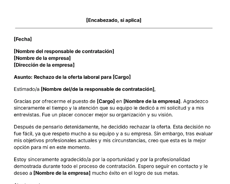 portada Plantilla de carta de rechazo a una oferta laboral
