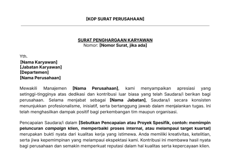 Contoh surat penghargaan karyawan