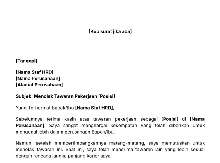 Contoh cara menolak tawaran kerja lewat surat