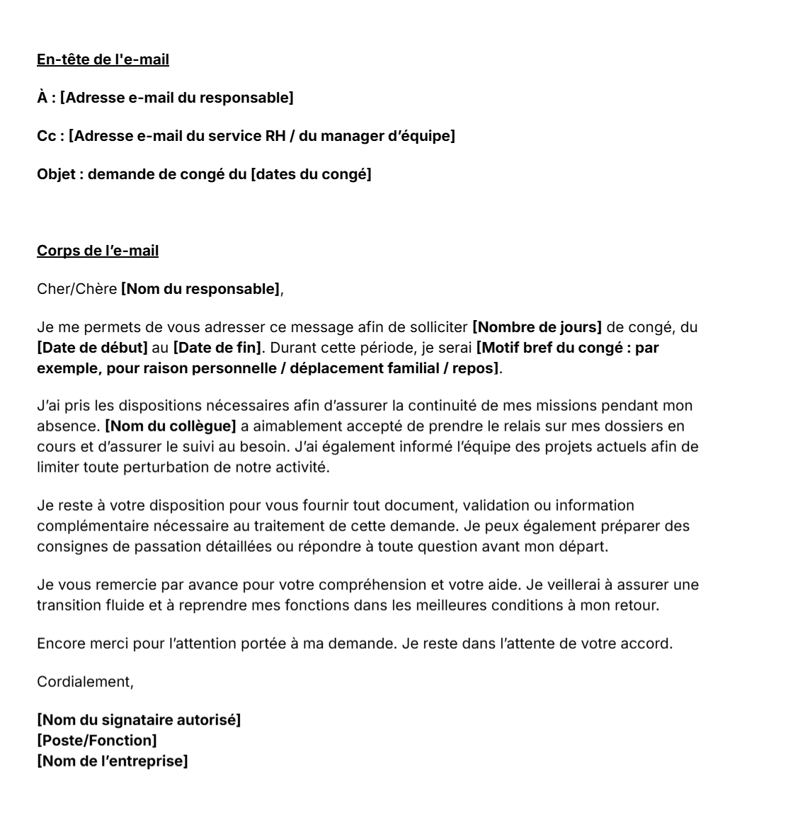 Modèle d'e-mail de demande de congé