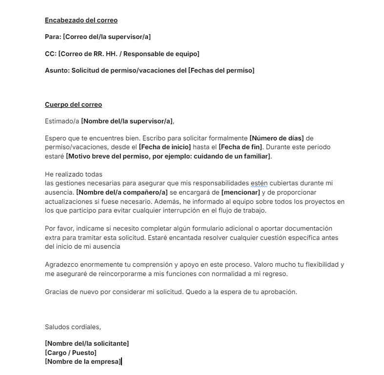Plantilla de correo para solicitar vacaciones o permiso. descarga gratis