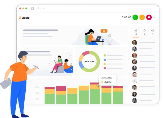 Com o sistema de picagem de ponto do Jibble consegue ver todos os registos de entrada e saída e gerar relatórios e análises em minutos