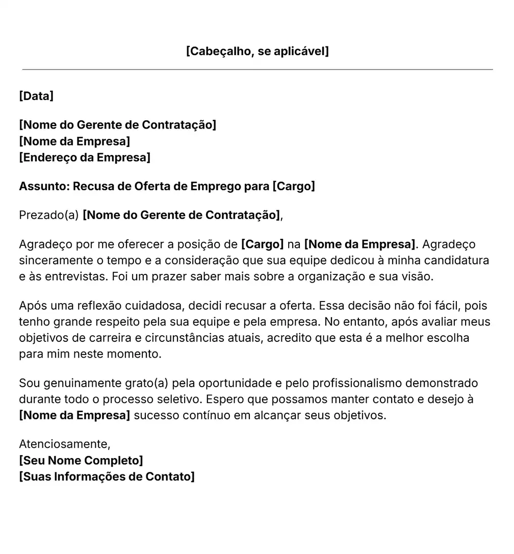 modelo de carta de recusa de oferta de emprego