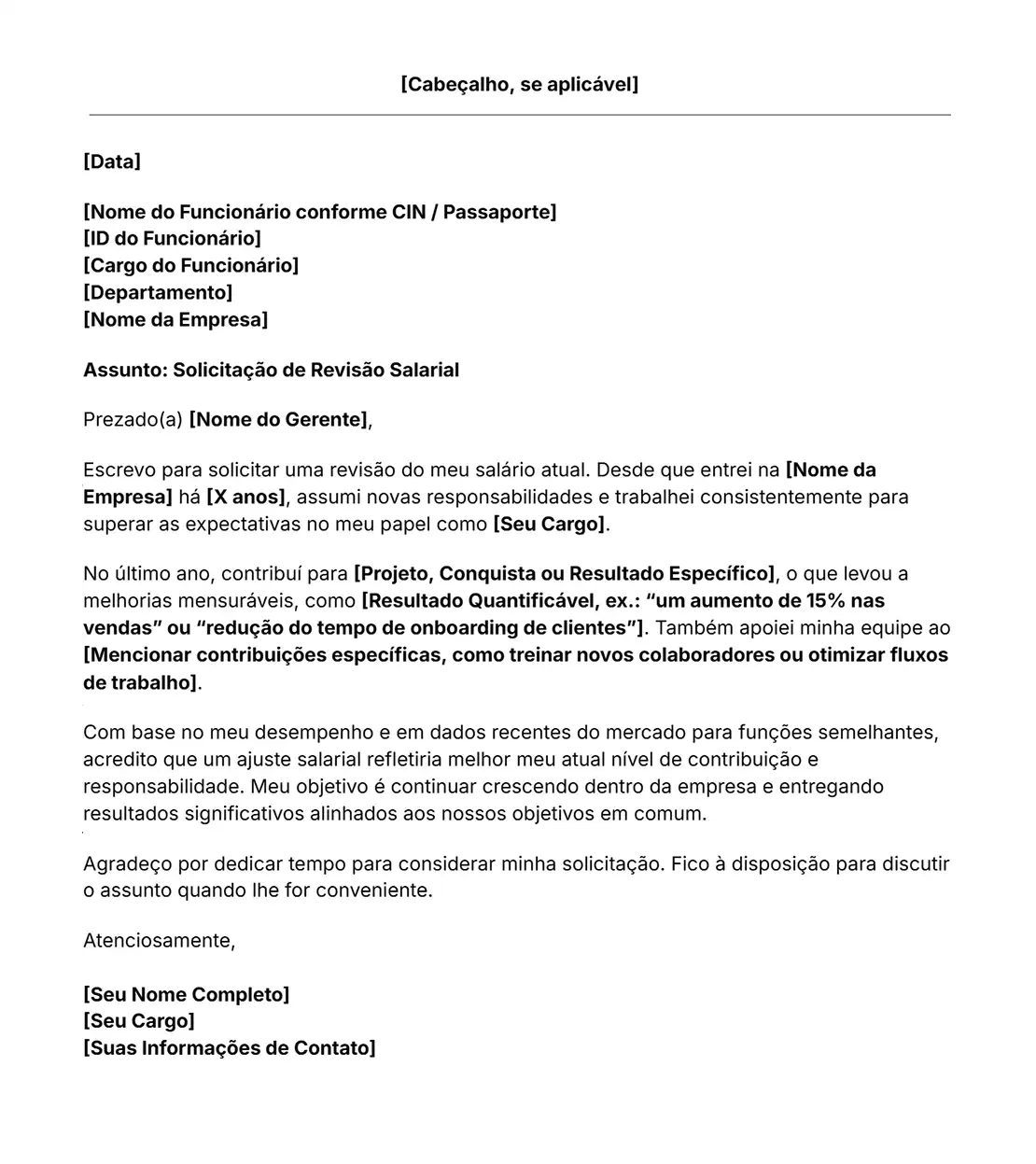 modelo de carta de solicitação de aumento salarial