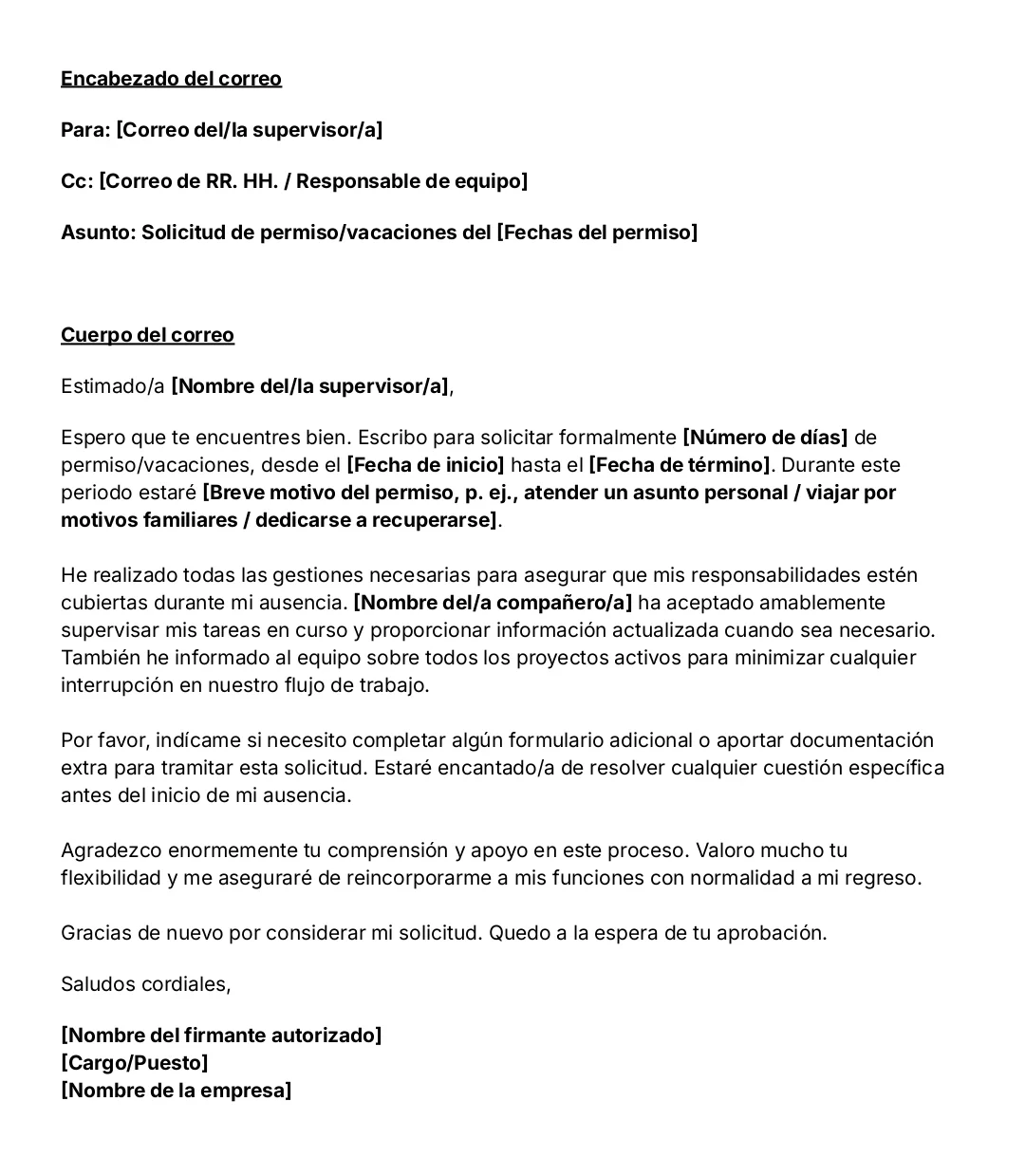 Plantilla de correo electrónico para solicitar vacaciones