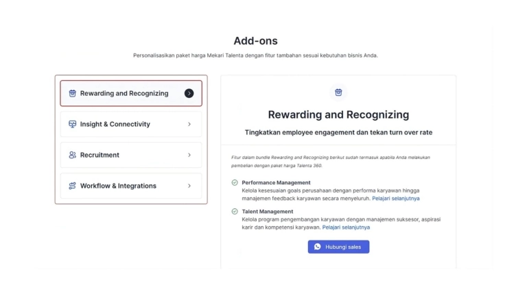 Beberapa fitur opsi add-on Mekari Talenta