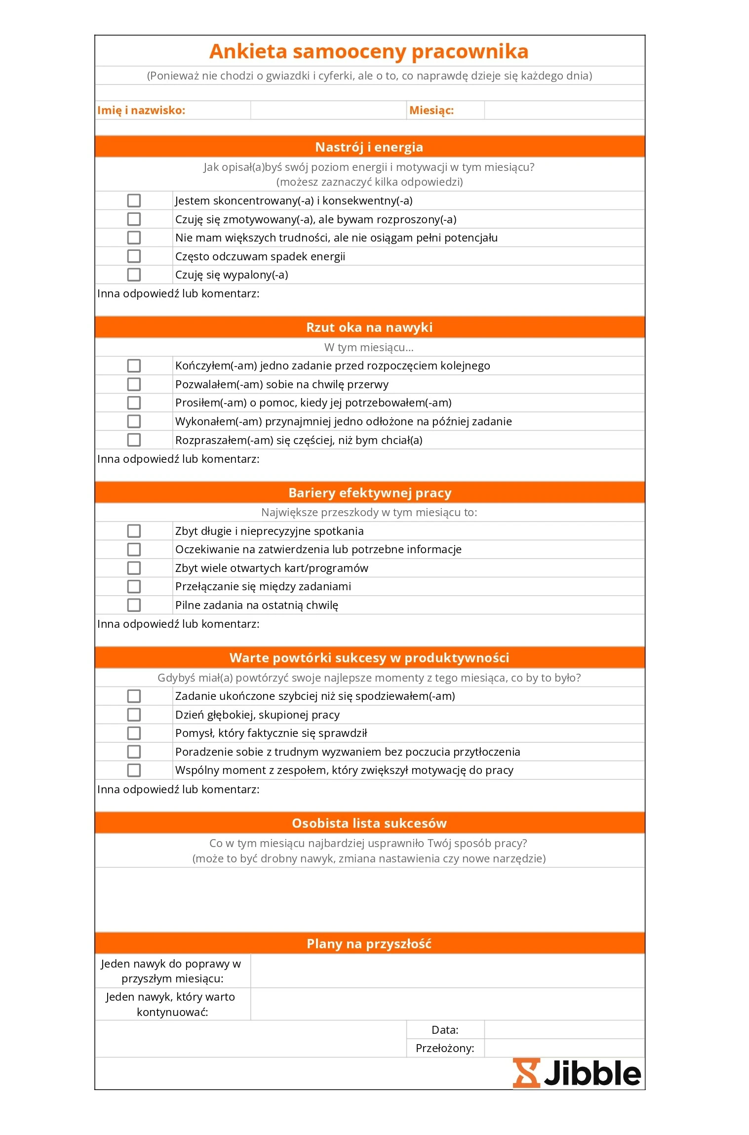 Arkusz ankiety samooceny pracownika.