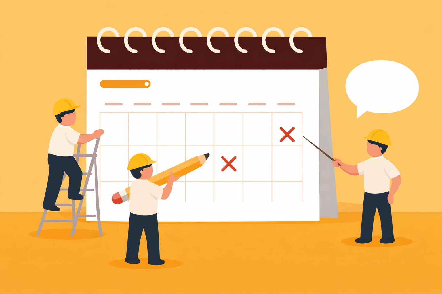 Illustration of construction workers reviewing a large calendar with marked dates, representing U.S. construction holidays.