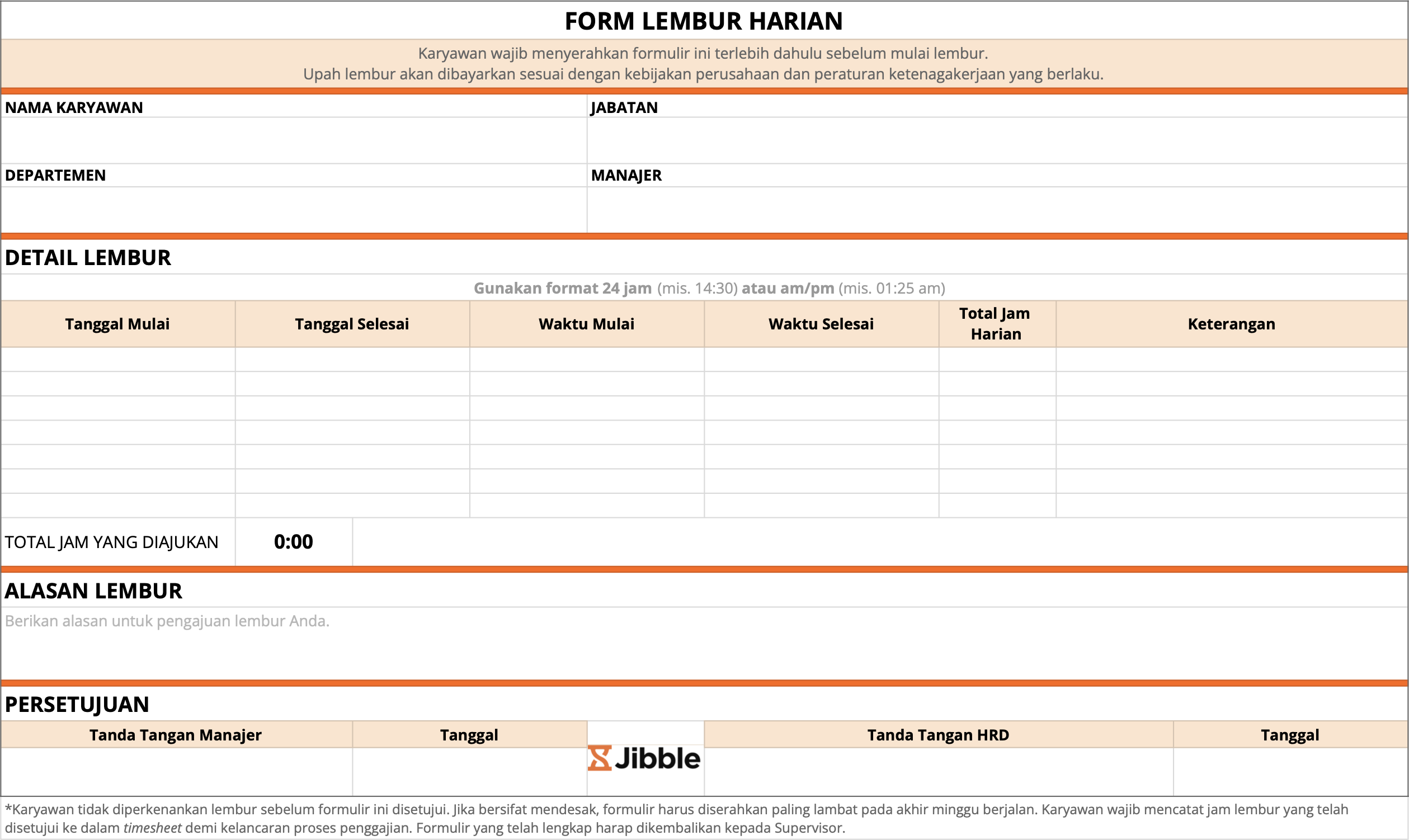 Contoh isi form lembur harian karyawan