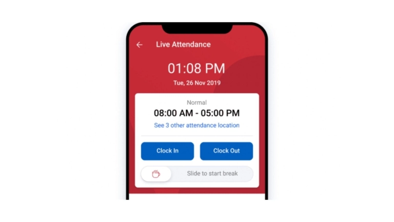 Ilustrasi fitur live attendance Mekari Talenta di HP