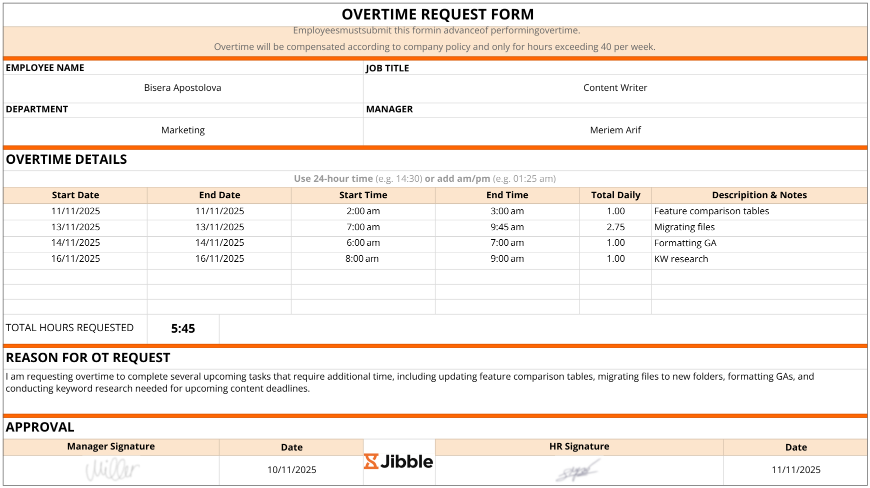 overtime request form template