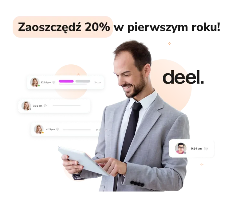 20% zniżki na Deel i mężczyzna korzystający z Jibble.