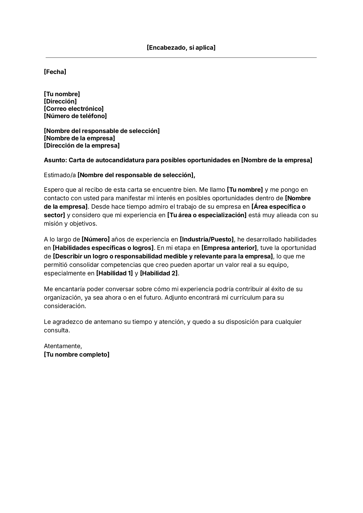 Plantilla de carta de autocandidatura