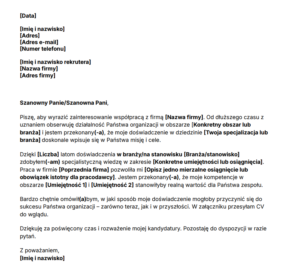 Wzór listu motywacyjnego bez ogłoszenia o pracę do wydrukowania.