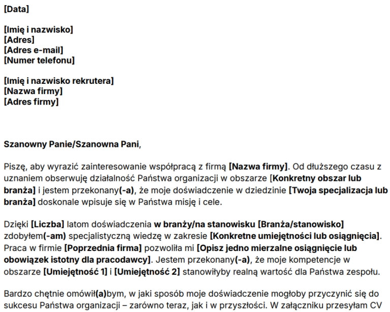 Wzór listu motywacyjnego bez ogłoszenia o pracę.