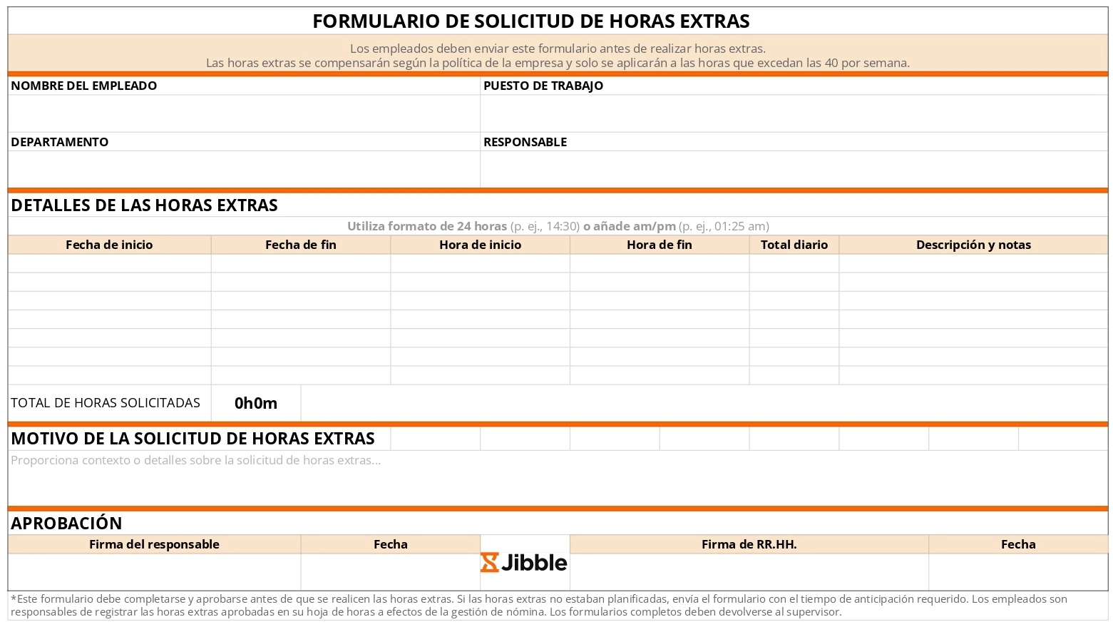 Plantilla de formulario de solicitud de horas extras