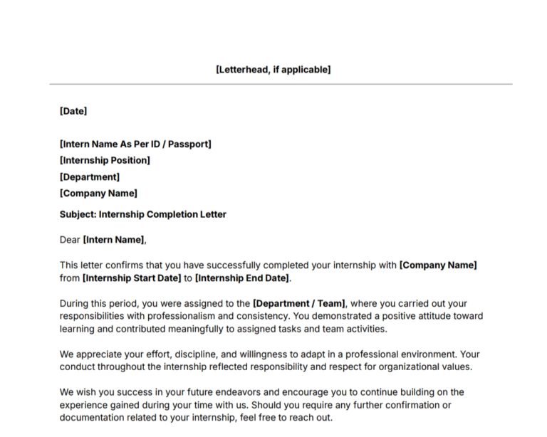Internship Completion Letter Template thumbnail