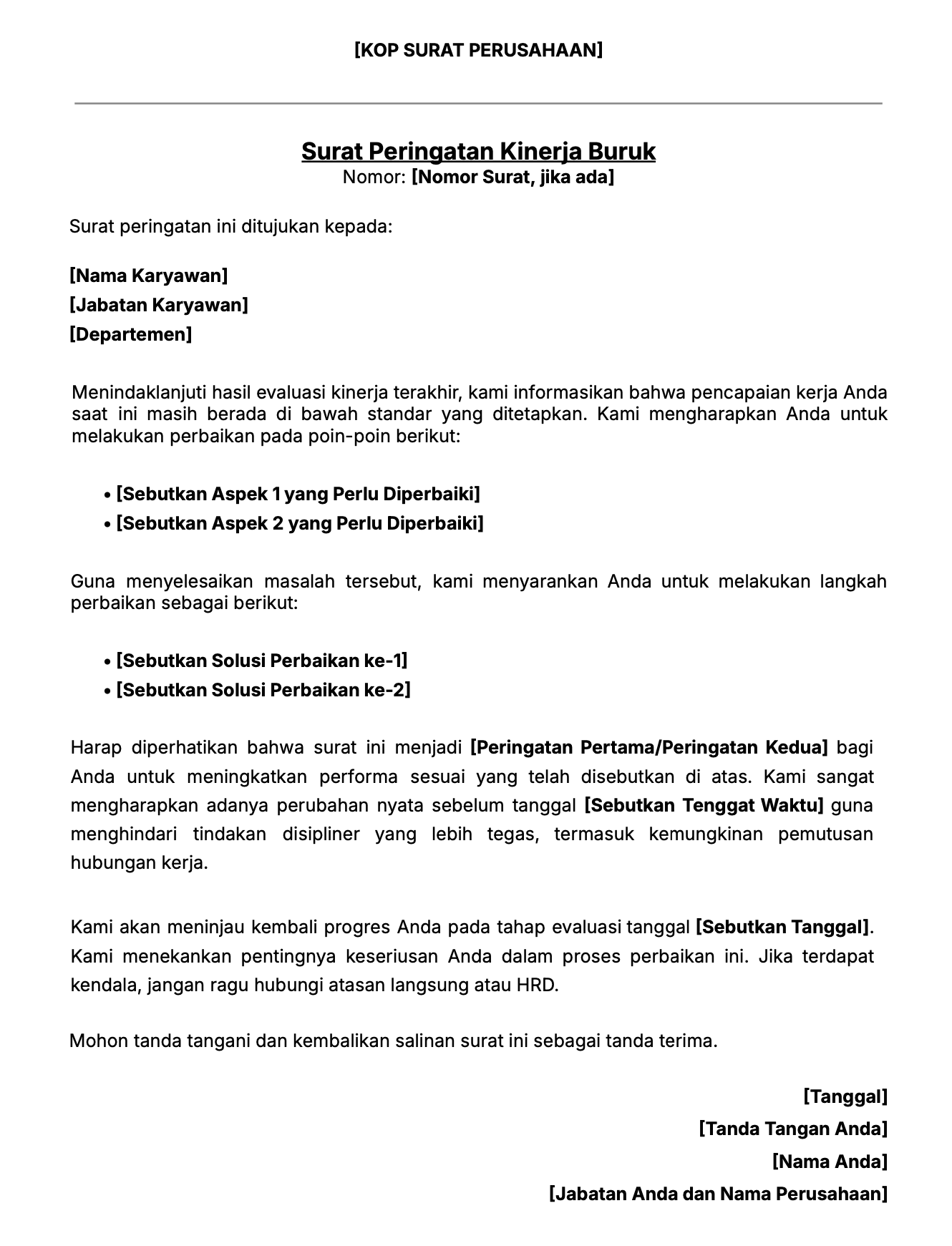 Contoh surat peringatan kerja untuk performa buruk