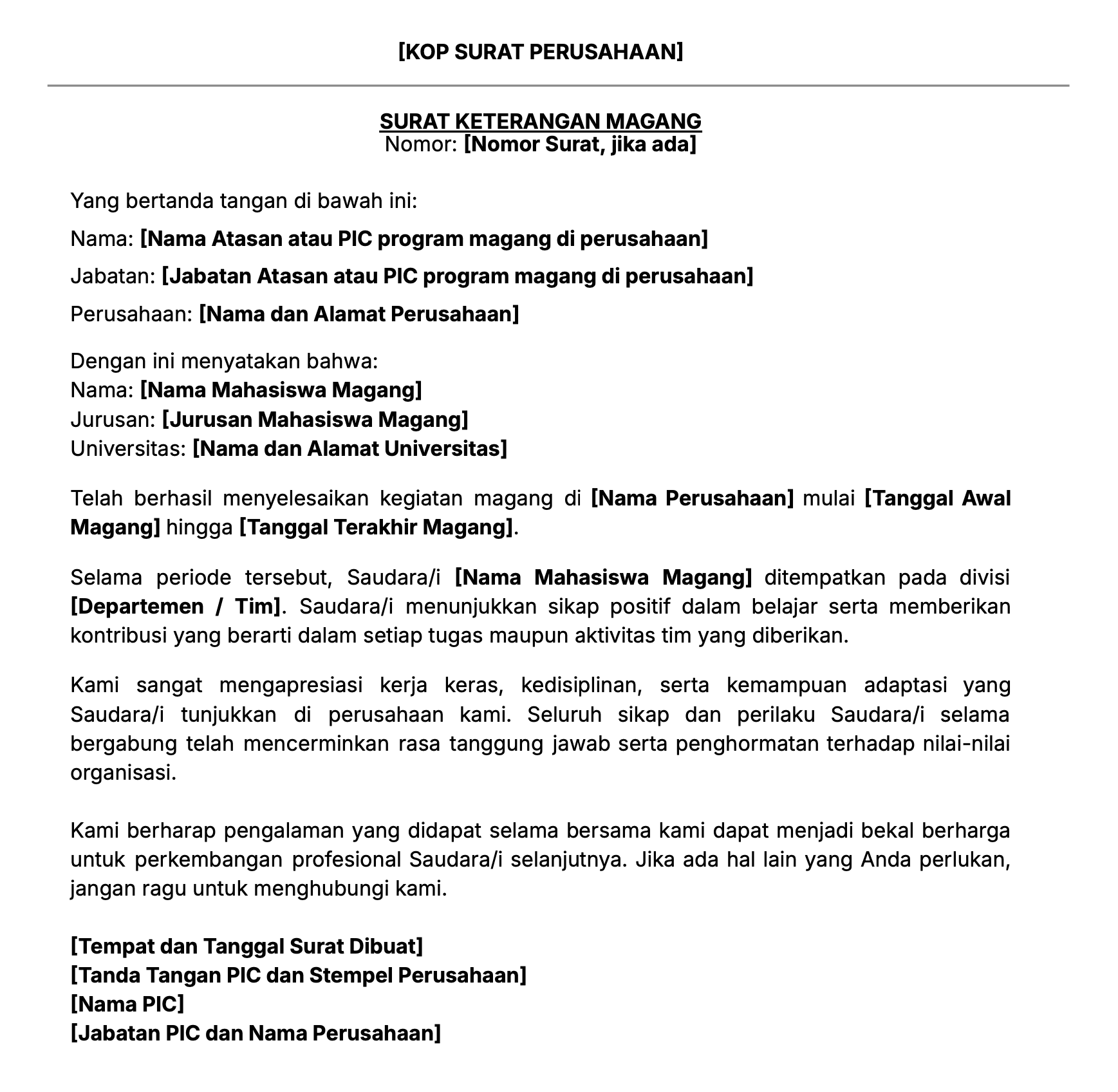 Contoh isi surat keterangan magang