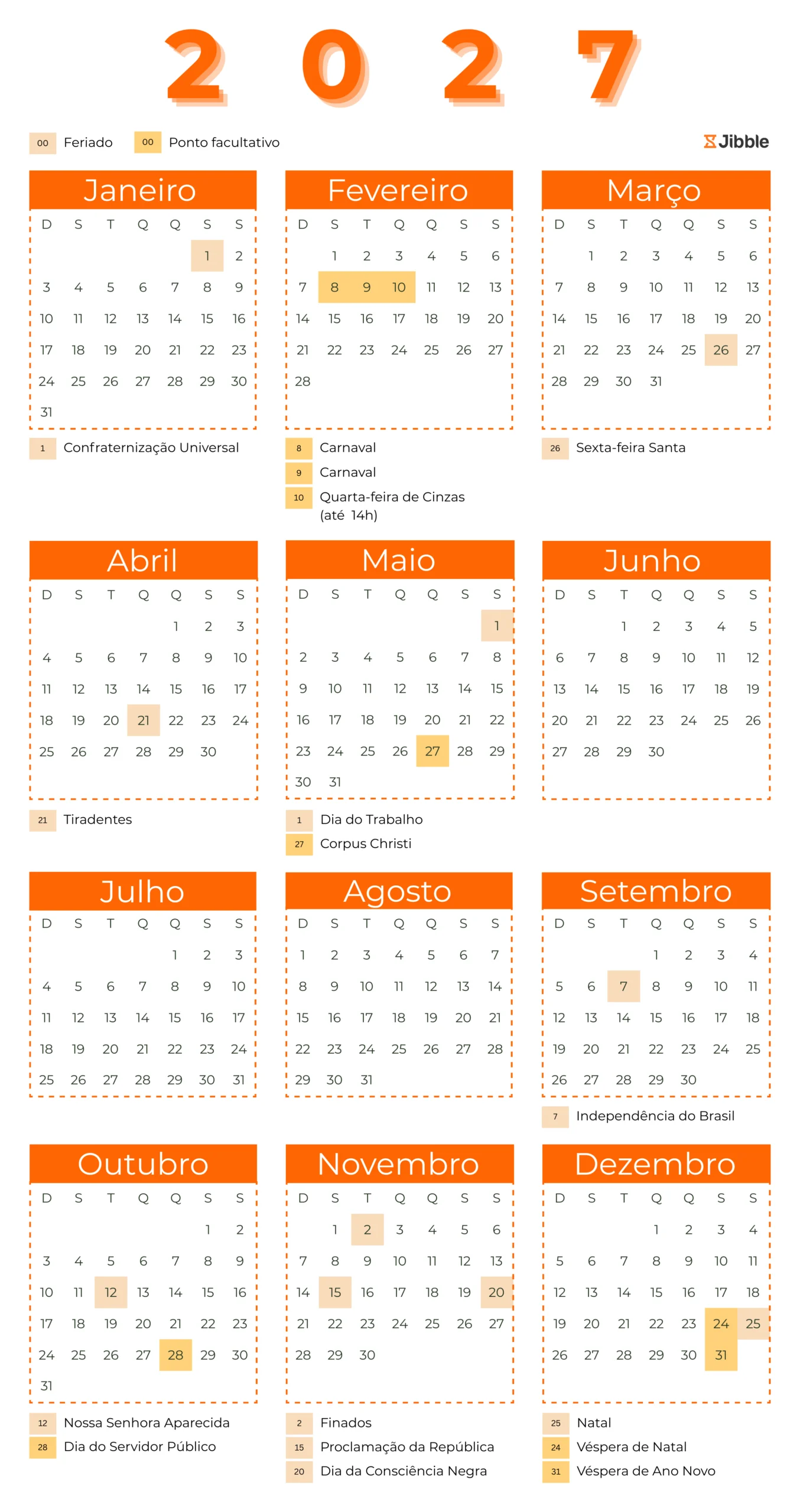 Calendário de feriados no Brasil em 2027