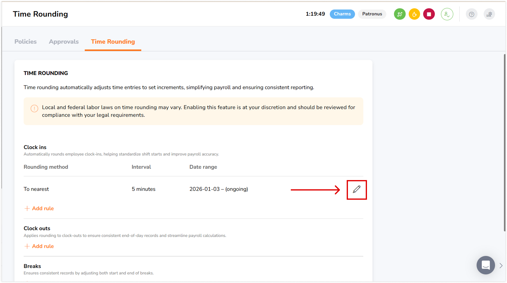 Pencil icon to edit time rounding rules