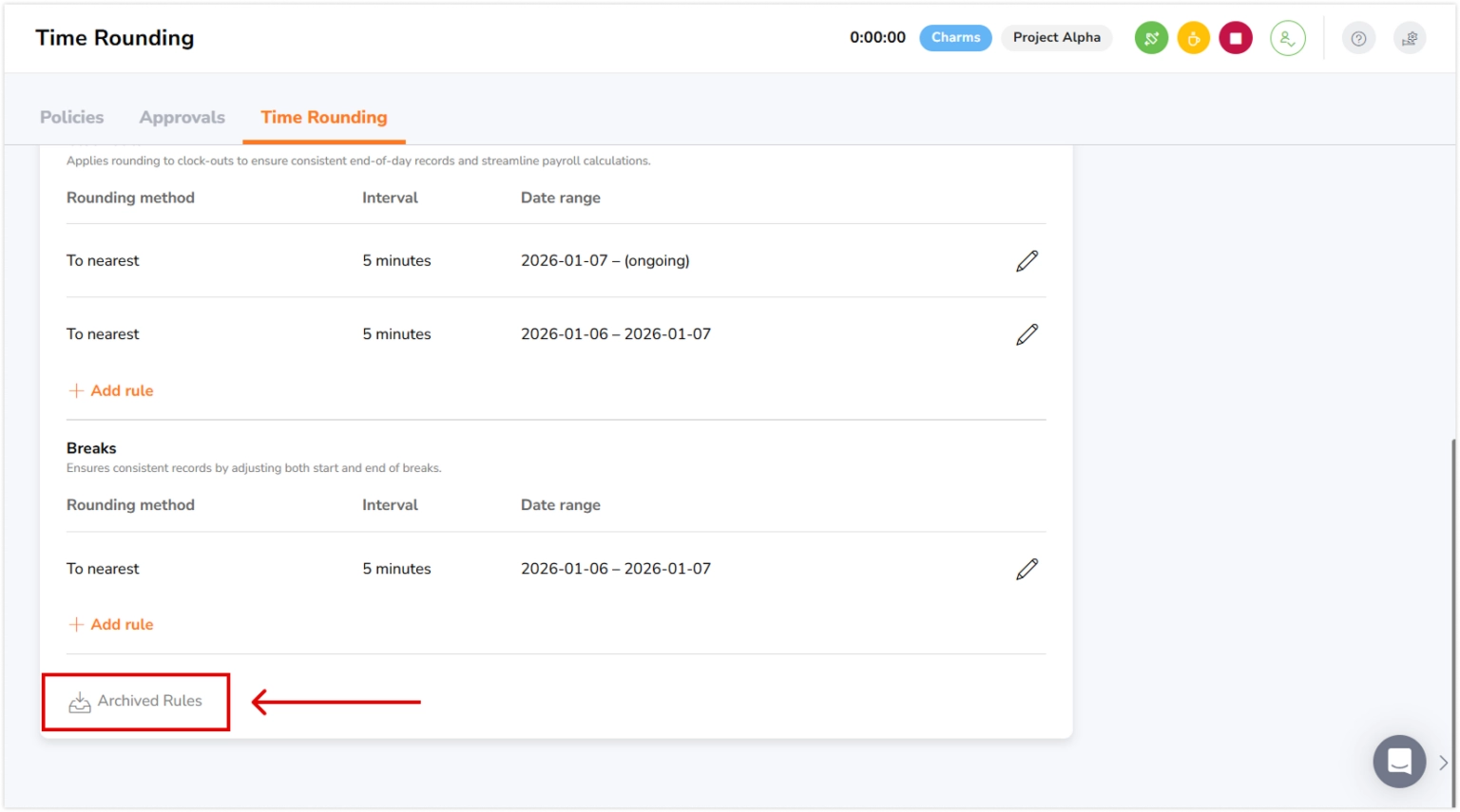 Przeglądanie zarchiwizowanych reguł zaokrąglania.