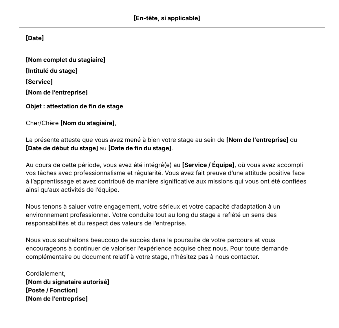 Modèle d'attestation de fin de stage