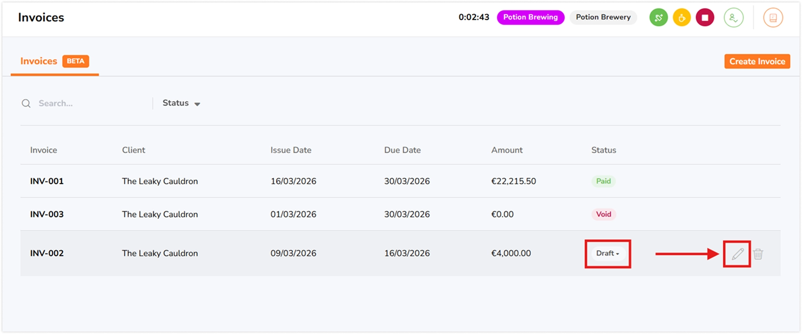 Pencil icon to edit invoice that's in draft status