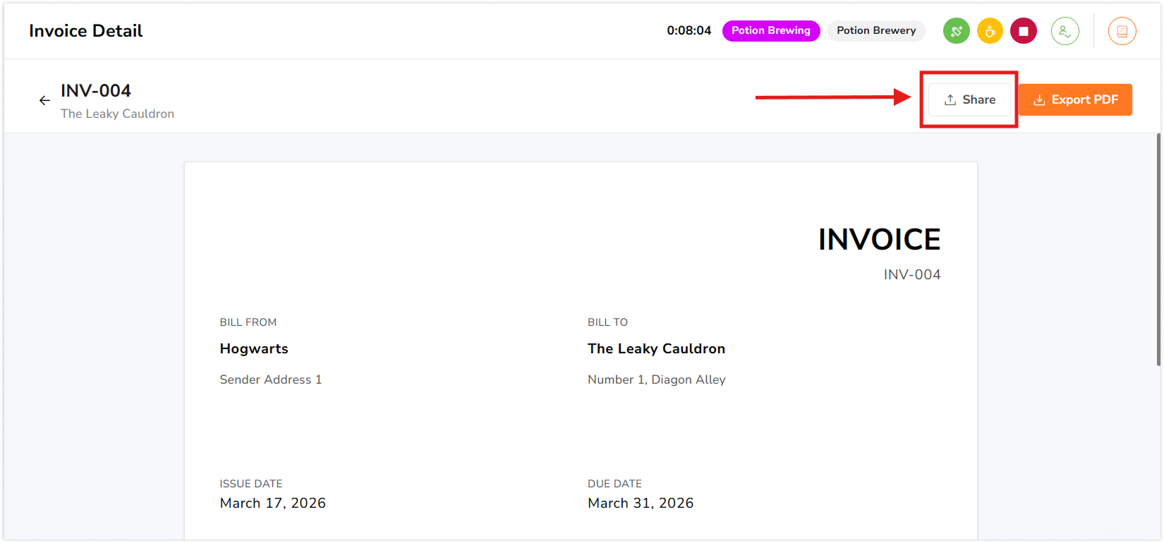 Share button to share link of invoice