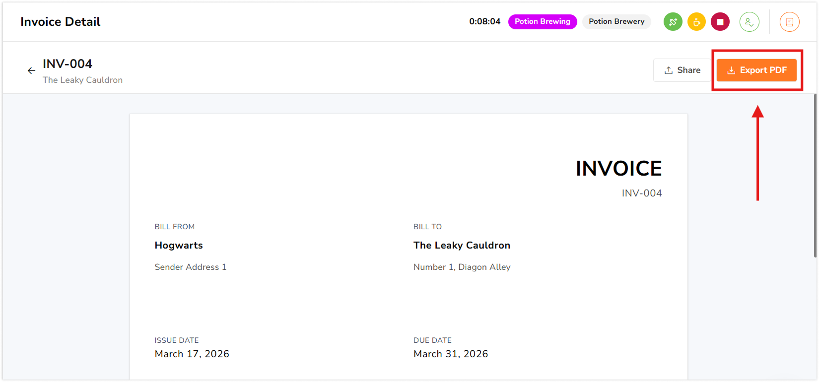 Export button to export and download the invoice
