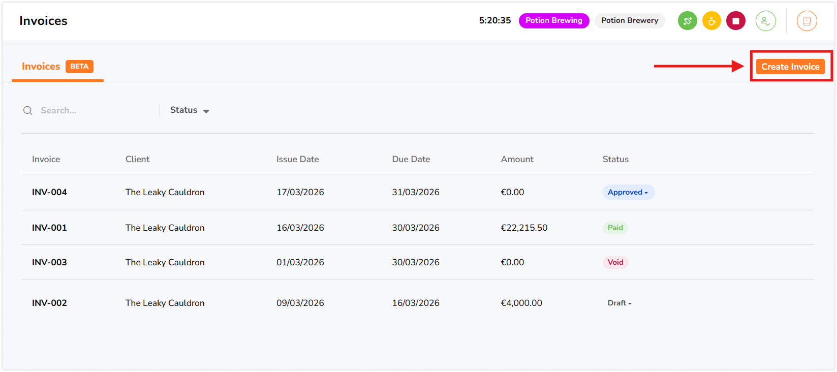create invoice button under Invoice tab