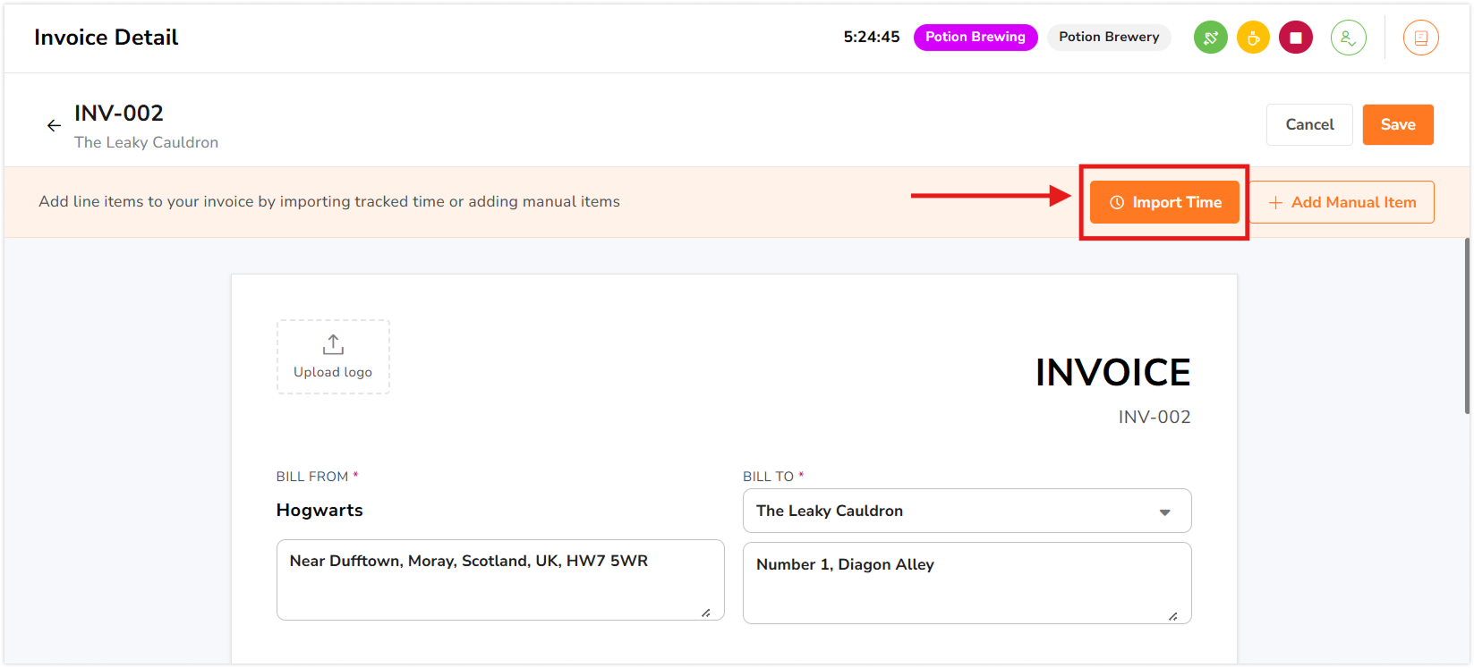 Import time button when editing invoice