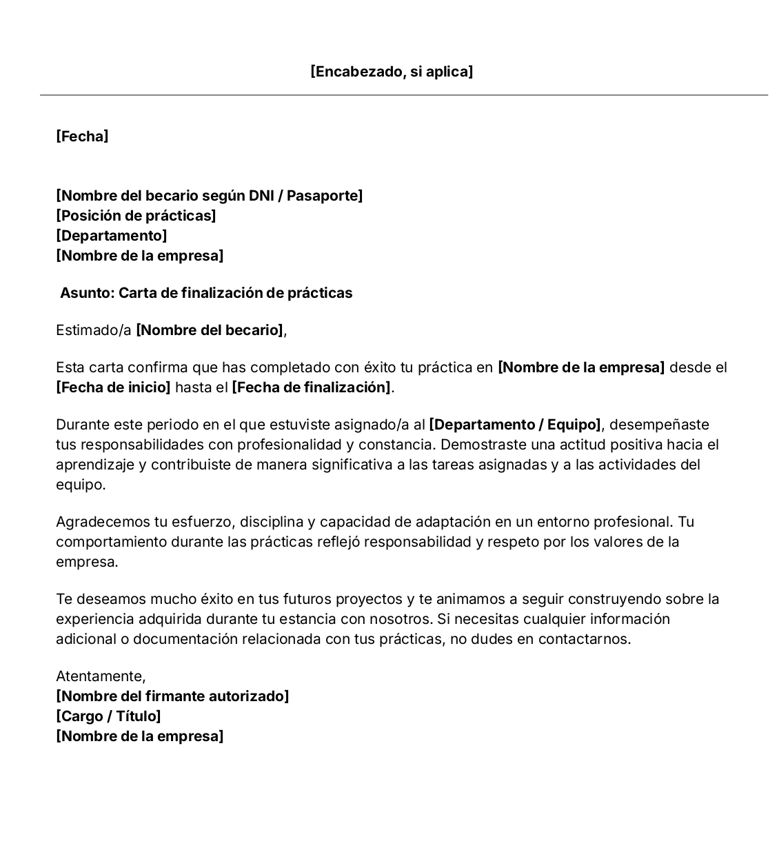 Plantilla de carta de finalización de prácticas
