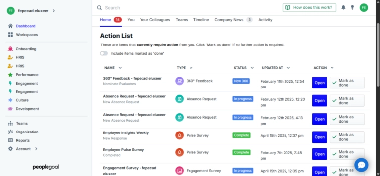 ProProfs PeopleGoal dashboard.