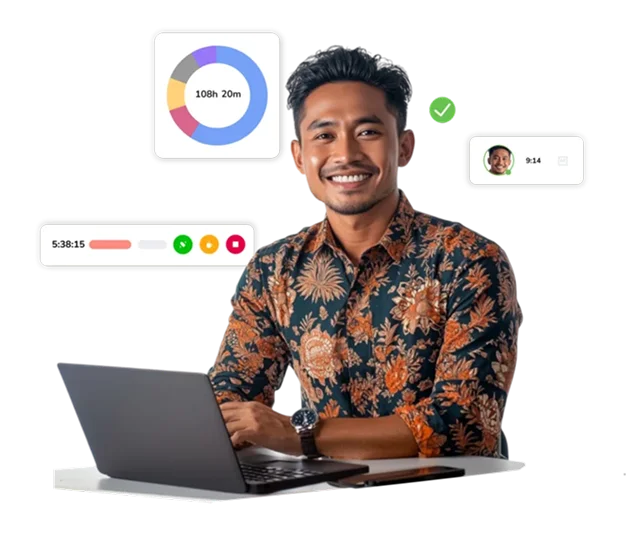Pria bekerja dengan laptop dan menggunakan software time tracking untuk melacak jam kerja