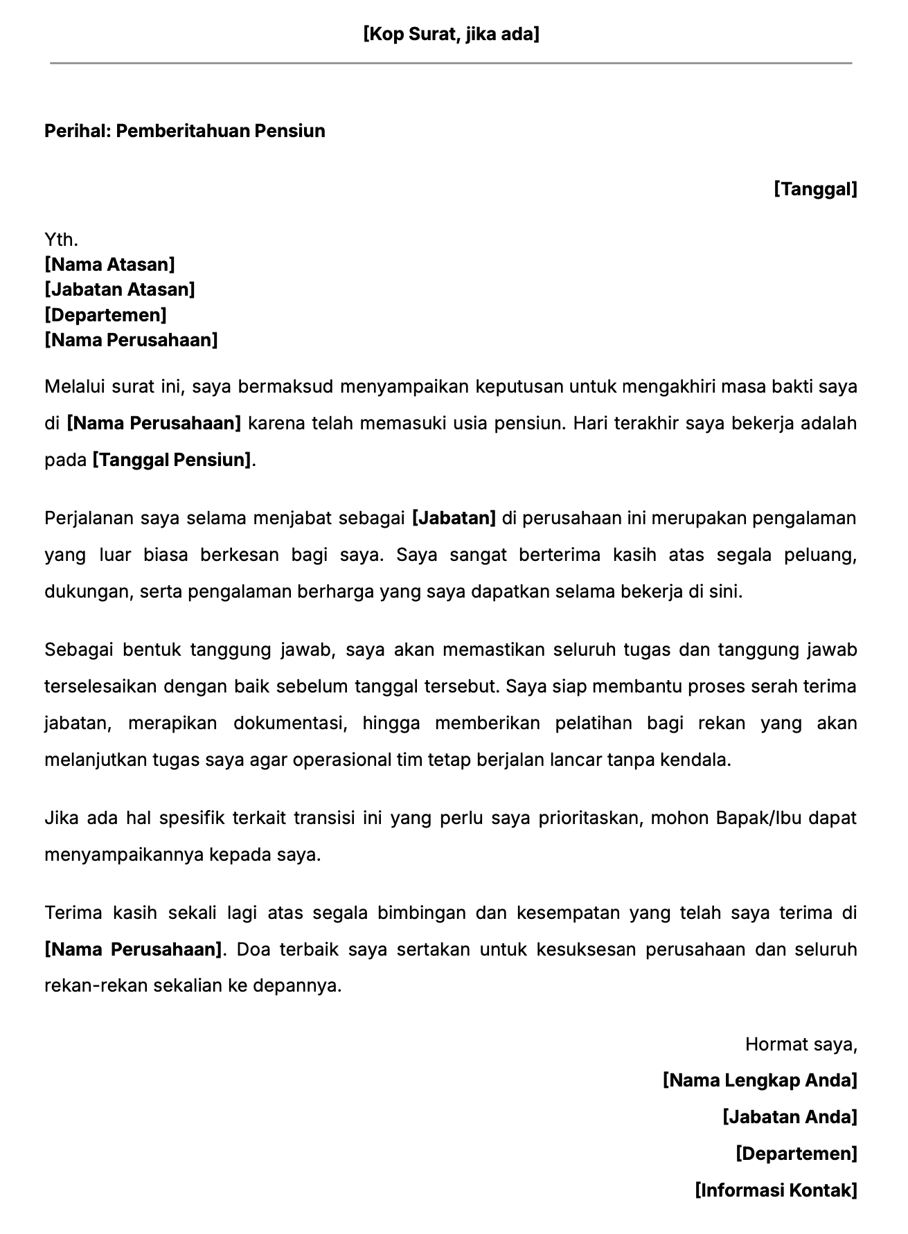 Contoh isi surat pensiun