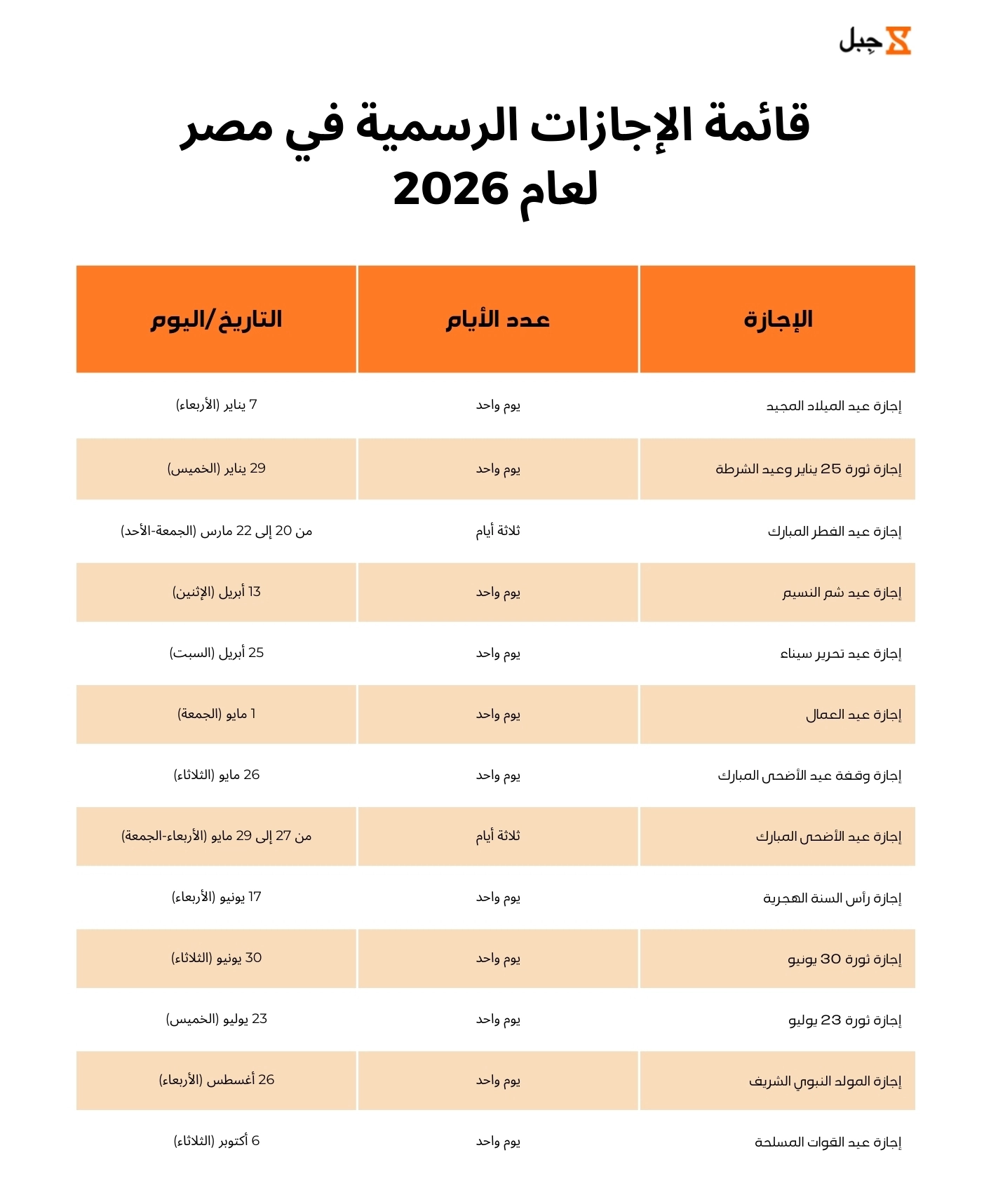 ملصق الاجازات الرسمية في مصر لعام 2026