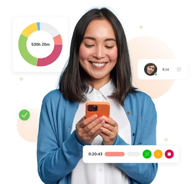 Foto ilustrasi perempuan pegang hp, di sekelilingnya ada ikon time tracking