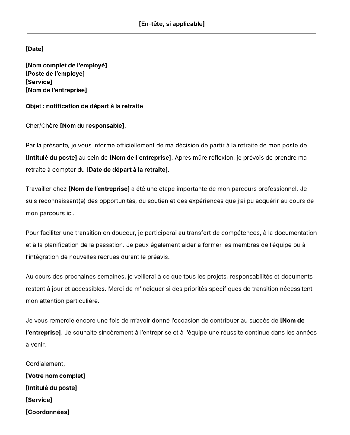 Modèle de lettre de départ à la retraite