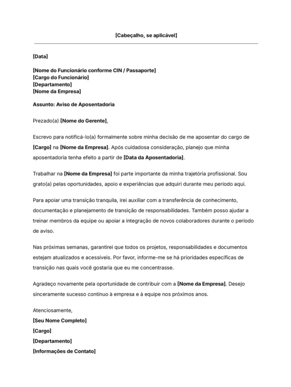 modelo de carta de aposentadoria