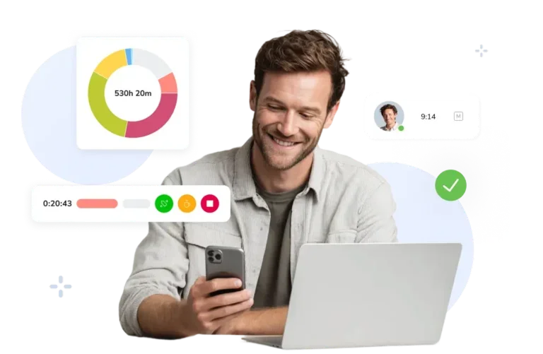 Homem usando o controle de horas do Jibble no notebook