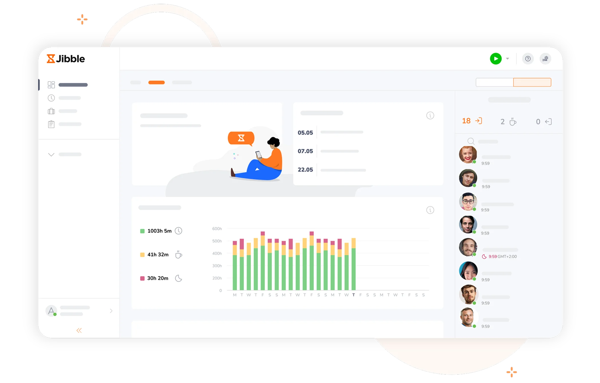 Sistema de folha de ponto do Jibble mostrando todos os trabalhadores ativos e as tarefas atuais no painel.