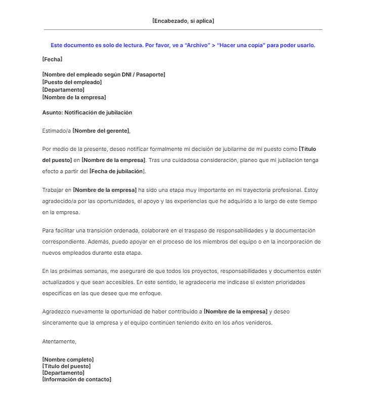 carta notificacion de jubilación plantilla gratis