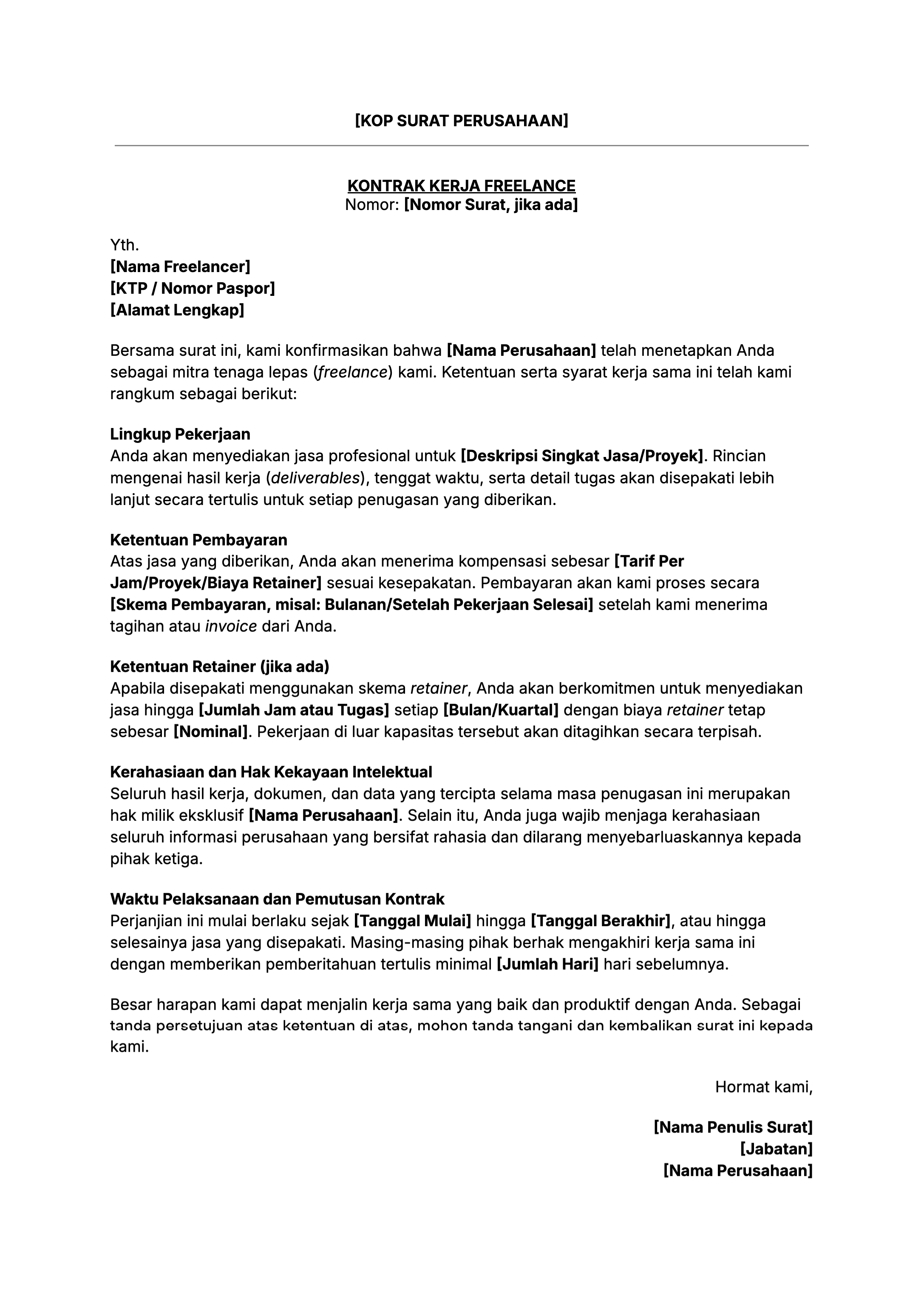 Contoh isi surat kontrak kerja freelance