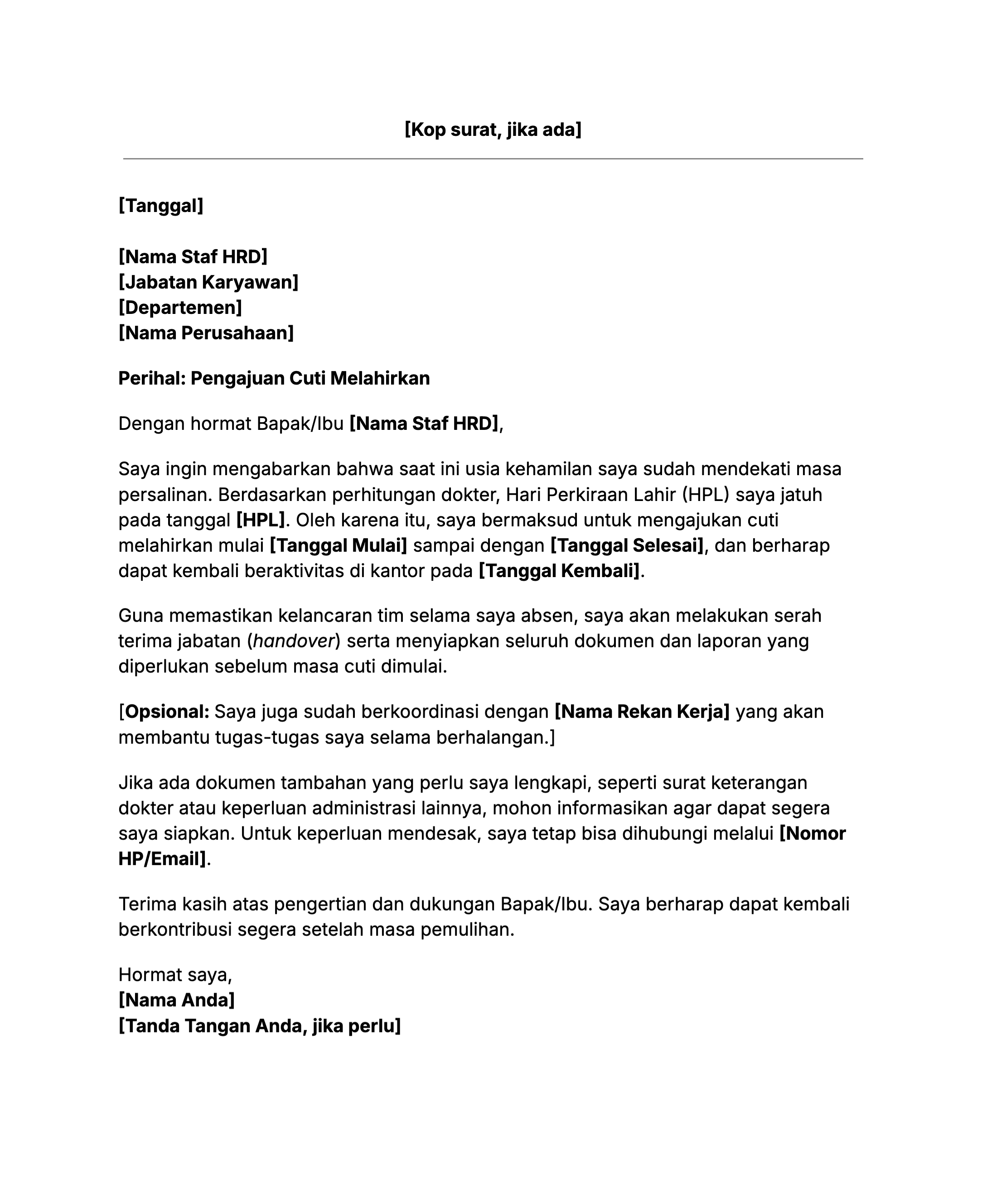 Contoh surat izin cuti melahirkan