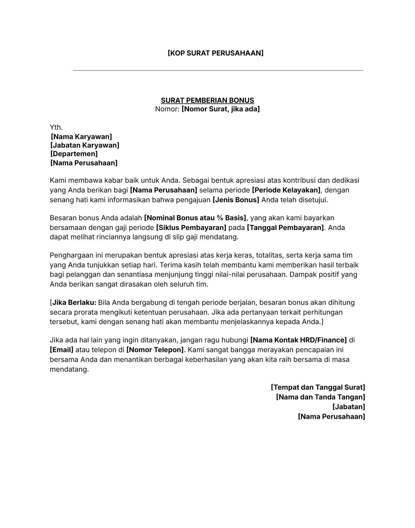 Contoh surat pernyataan bonus