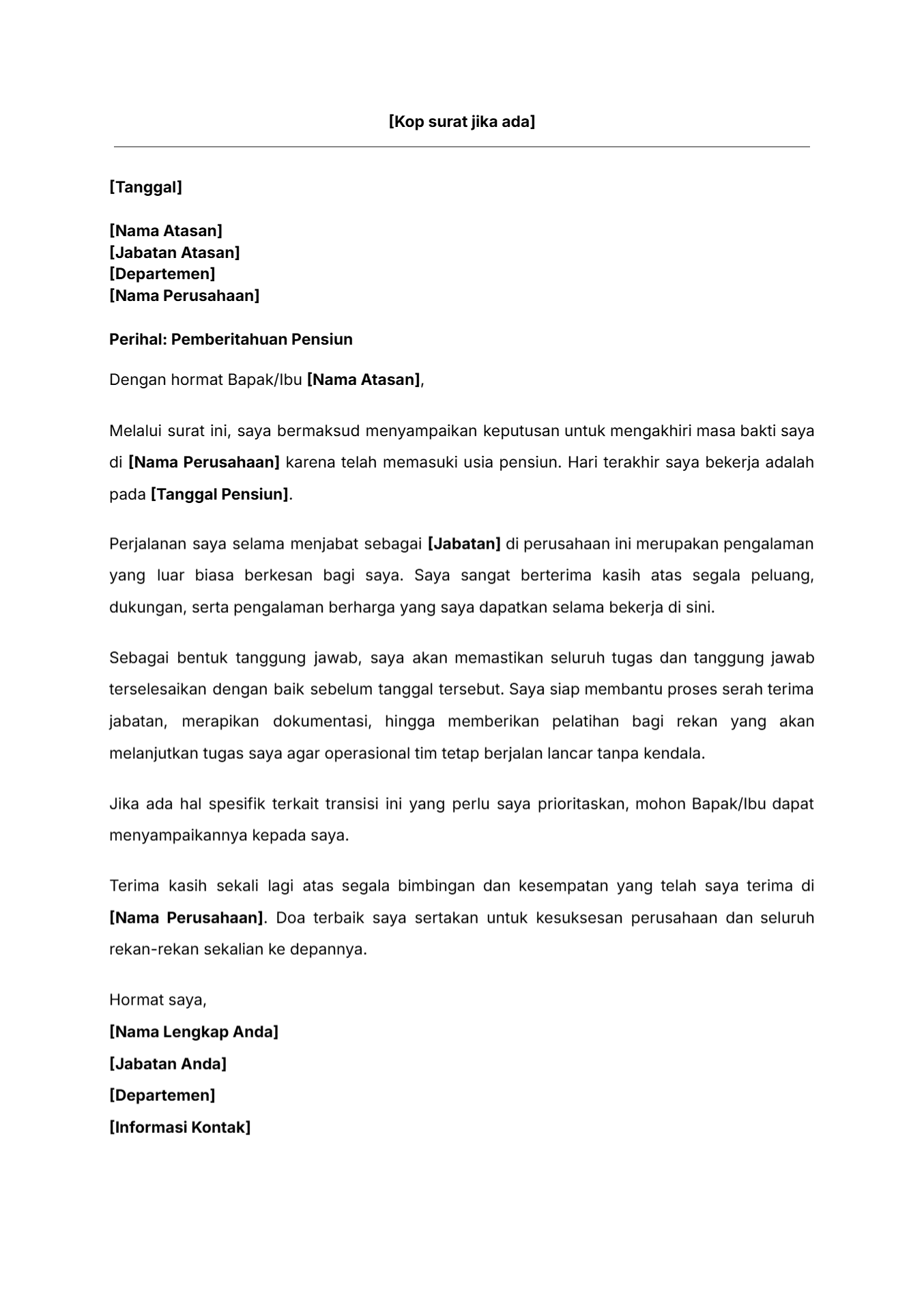Contoh isi surat pensiun