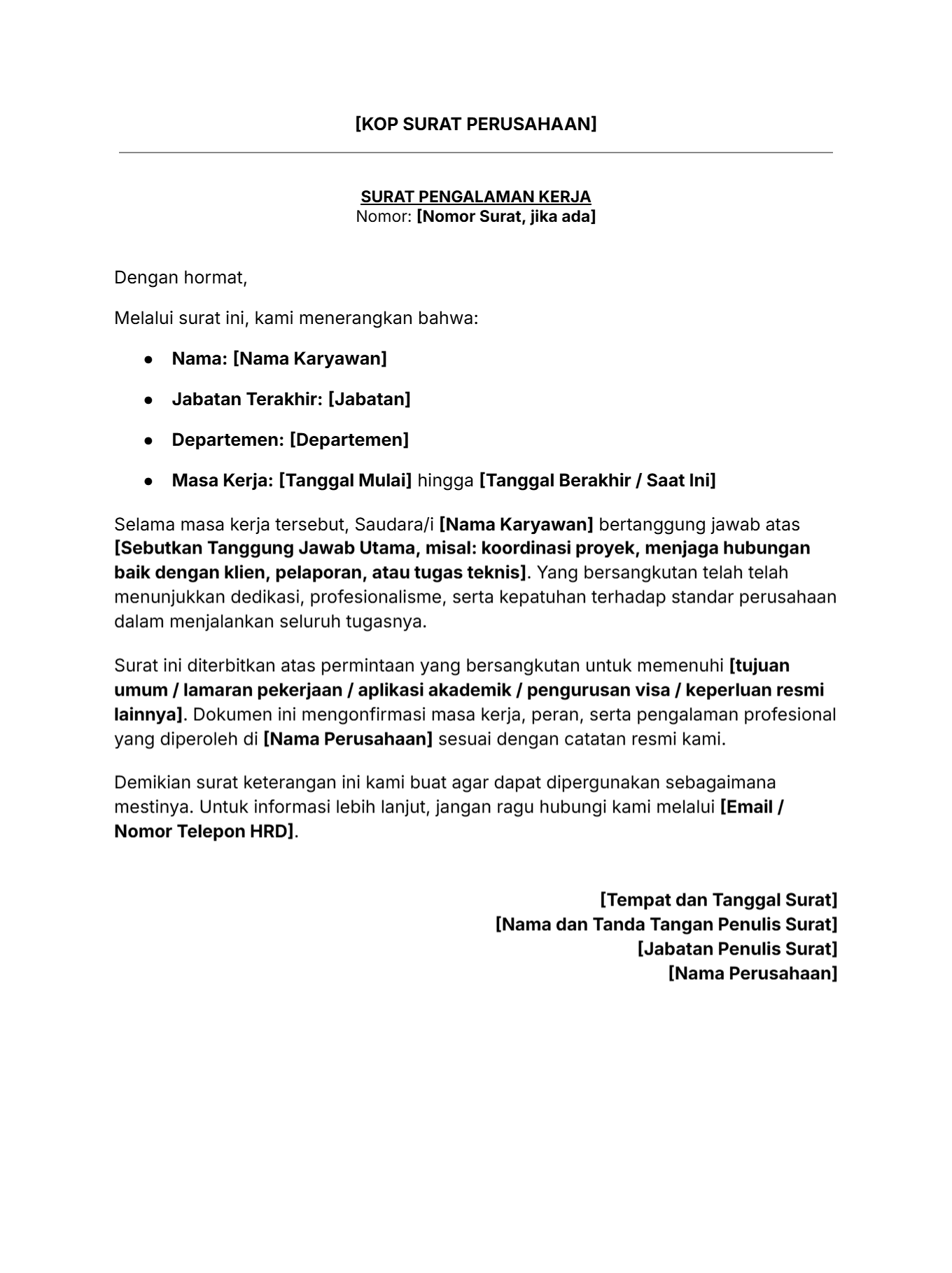 Contoh isi surat pengalaman kerja dari perusahaan